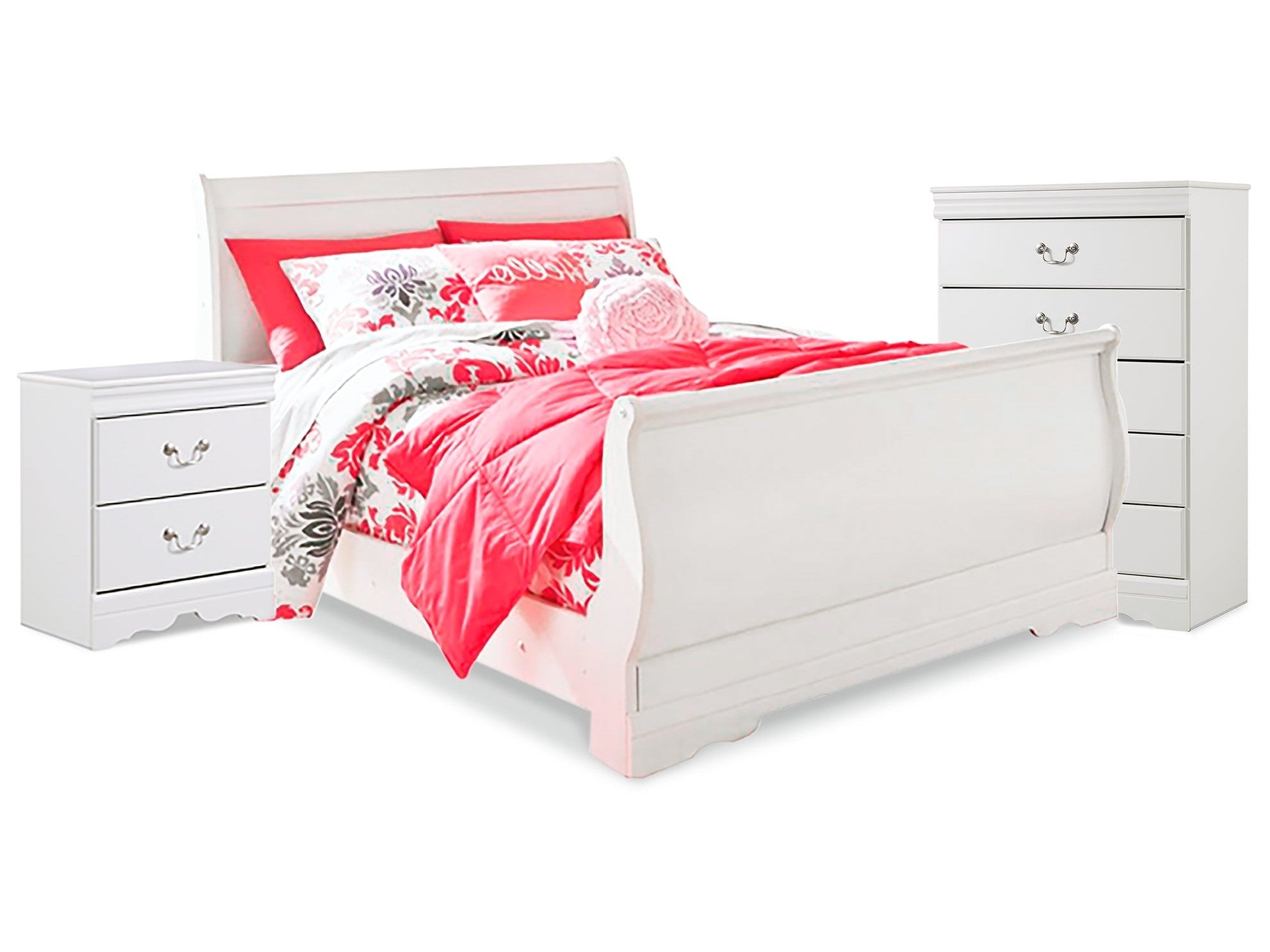 Anarasia White Full Sleigh Bedroom Set with Chest and Nightstand
