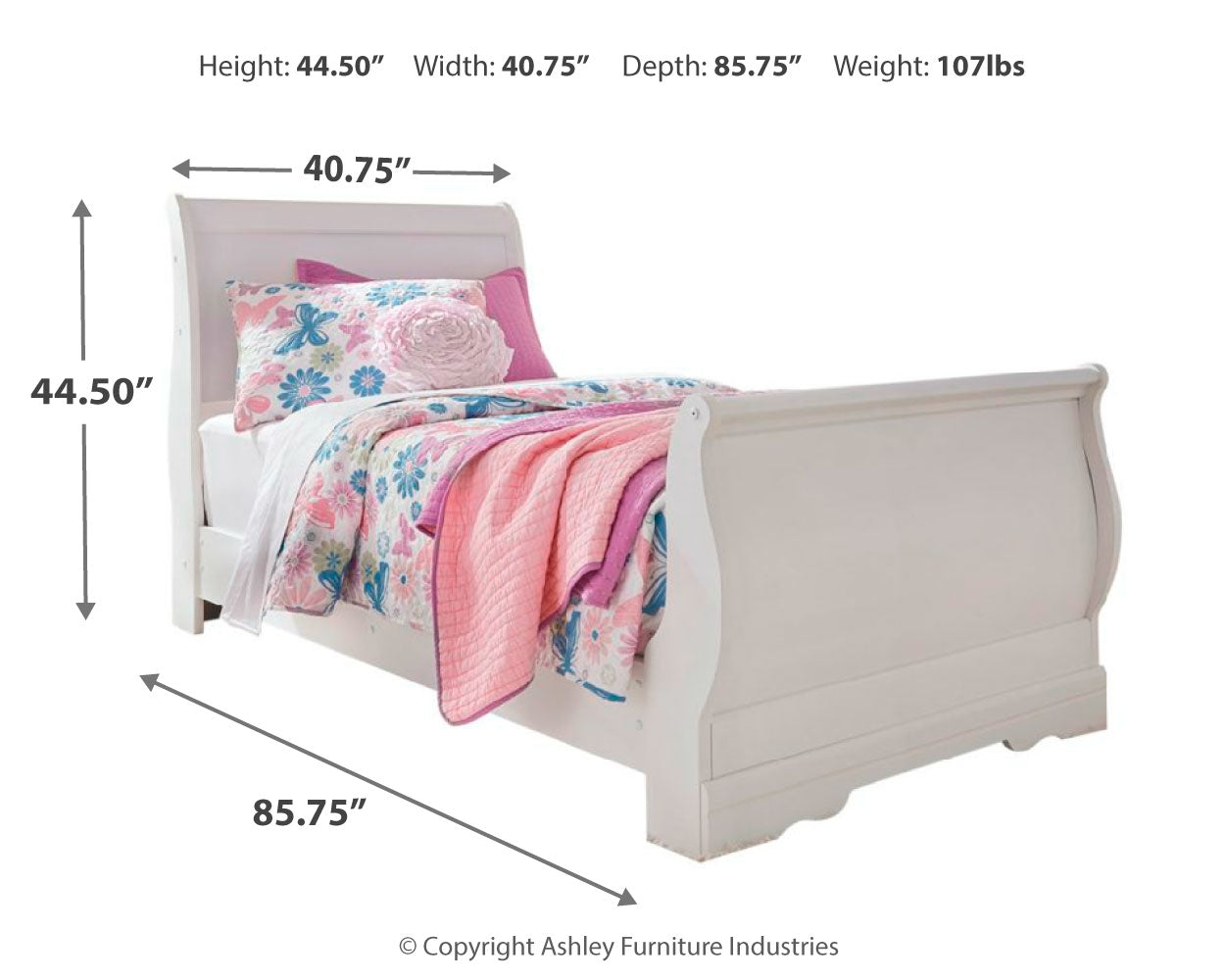 Anarasia White Twin Sleigh Bed, Chest and Nightstand