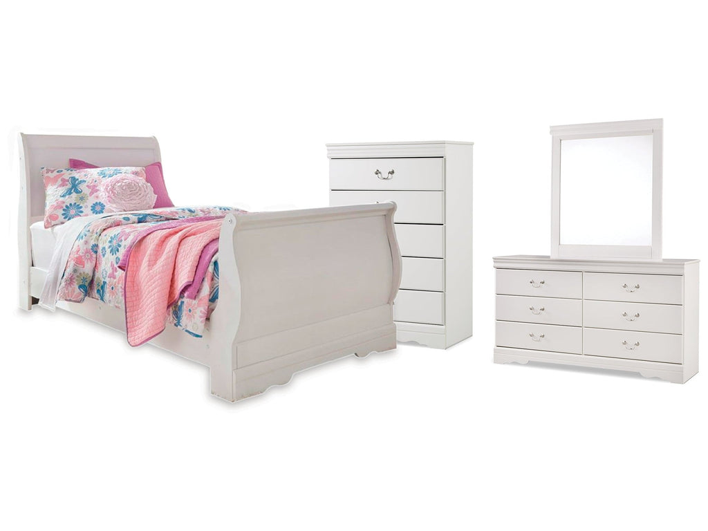 Anarasia White Twin Sleigh Bed & Dresser & Mirror & Chest