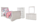 Anarasia White Twin Sleigh Bed & Dresser & Mirror & Chest
