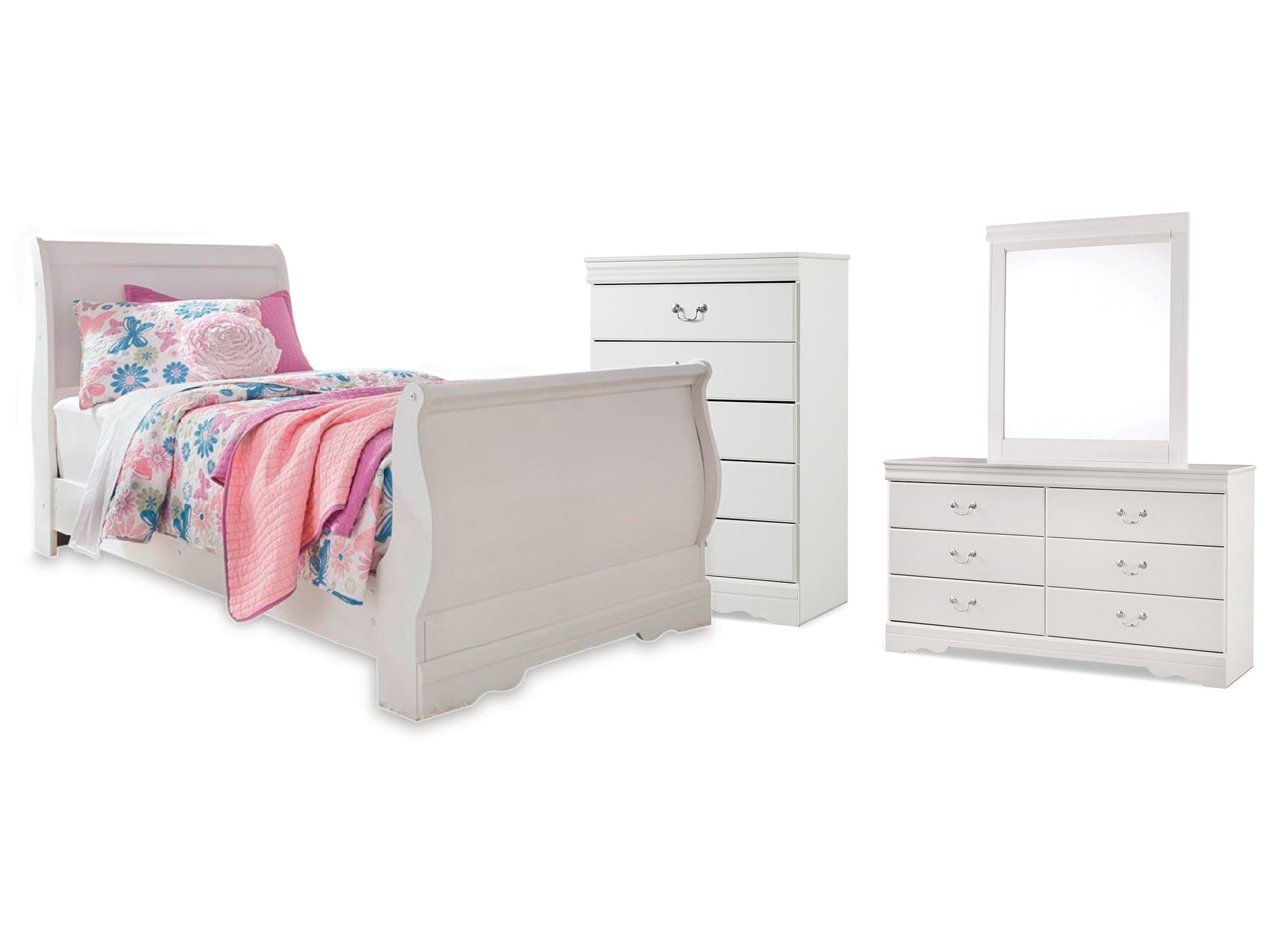 Anarasia White Twin Sleigh Bed & Dresser & Mirror & Chest