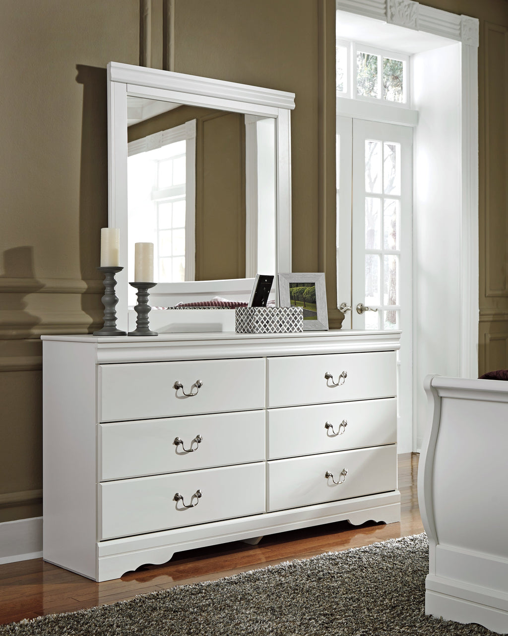 Anarasia White Twin Sleigh Bed & Dresser & Mirror & Chest