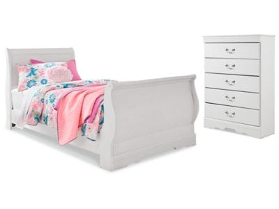 Anarasia White Twin Sleigh Youth Bedroom Set w/Chest