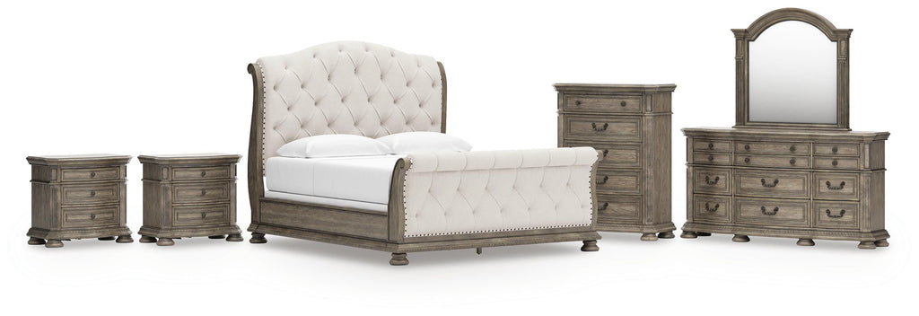 Ardenfield Light King Upholstered Sleigh Bed, Dresser, Mirror, Chest and 2 Nightstands, Br
