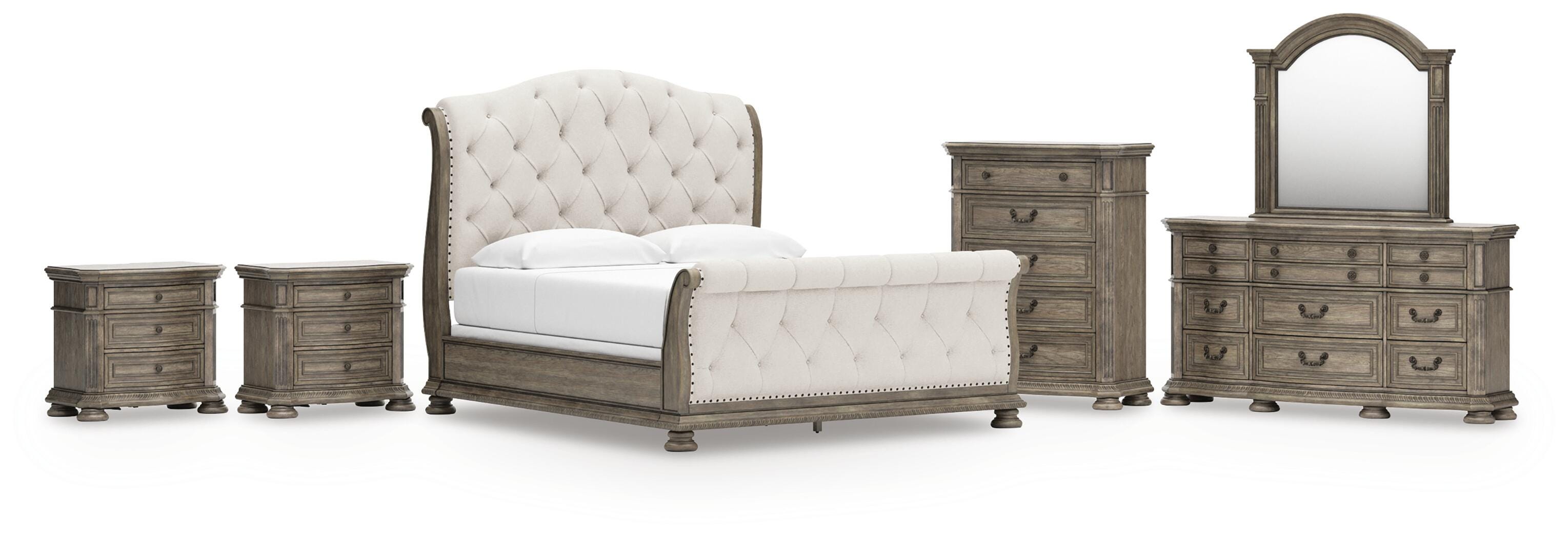 Ardenfield Light King Upholstered Sleigh Bed, Dresser, Mirror, Chest and 2 Nightstands, Br
