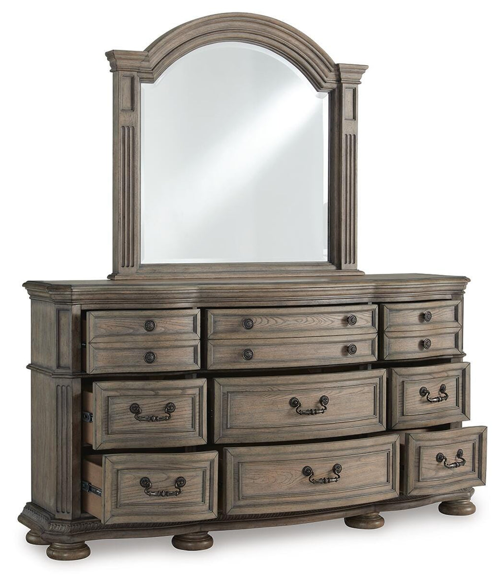 Ardenfield Light King Upholstered Sleigh Bed, Dresser, Mirror, Chest and 2 Nightstands, Br