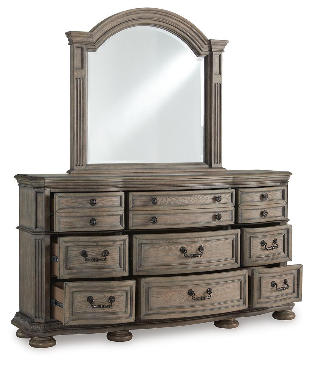 Ardenfield Light King Upholstered Sleigh Bed, Dresser, Mirror, Chest and 2 Nightstands, Br