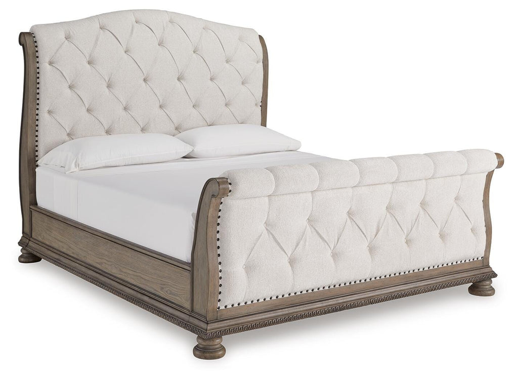Ardenfield Light King Upholstered Sleigh Bed, Dresser, Mirror, Chest and 2 Nightstands, Br