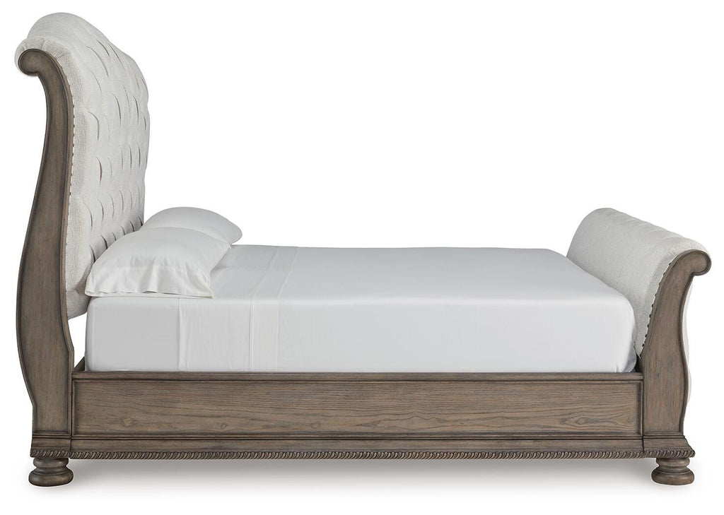 Ardenfield Light King Upholstered Sleigh Bed, Dresser, Mirror, Chest and 2 Nightstands, Br