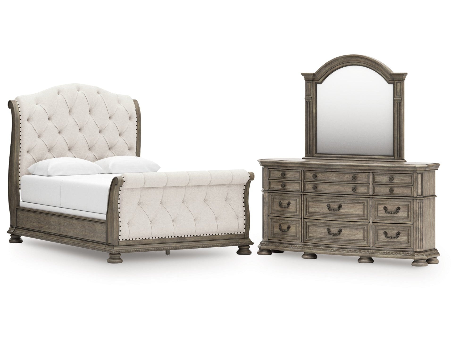 Ardenfield Light Queen Upholstered Sleigh Bed, Dresser and Mirror, Brown