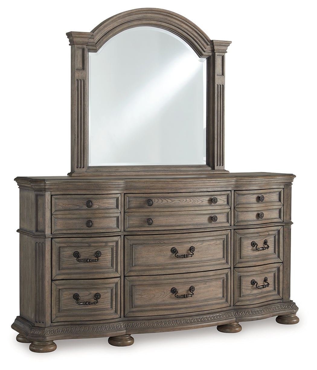 Ardenfield Light Queen Upholstered Sleigh Bed, Dresser and Mirror, Brown