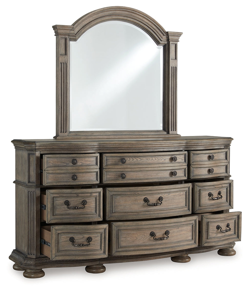 Ardenfield Light Queen Upholstered Sleigh Bed, Dresser and Mirror, Brown