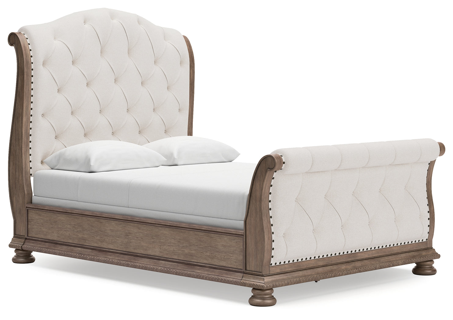Ardenfield Light Queen Upholstered Sleigh Bed, Dresser and Mirror, Brown