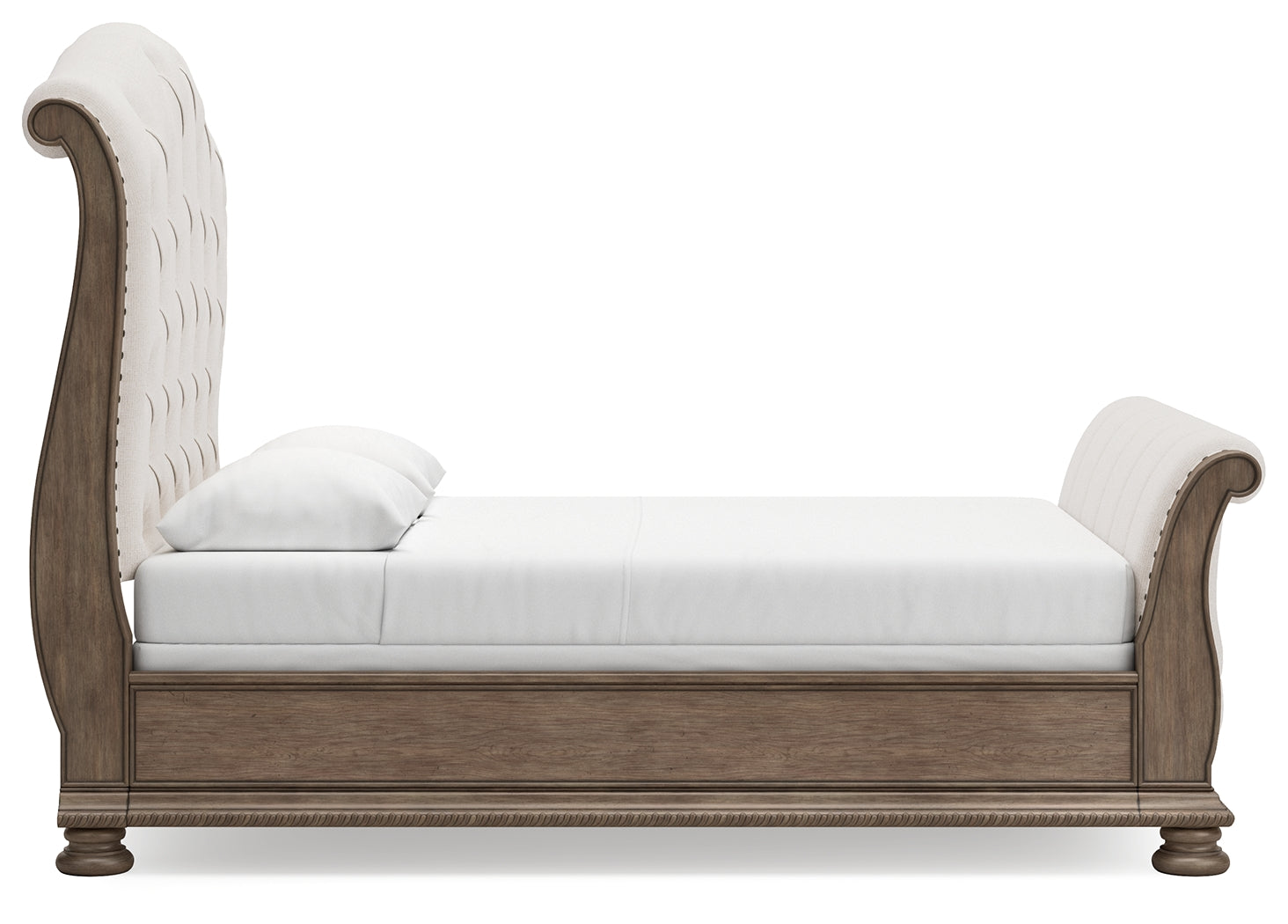Ardenfield Light Queen Upholstered Sleigh Bed, Dresser and Mirror, Brown