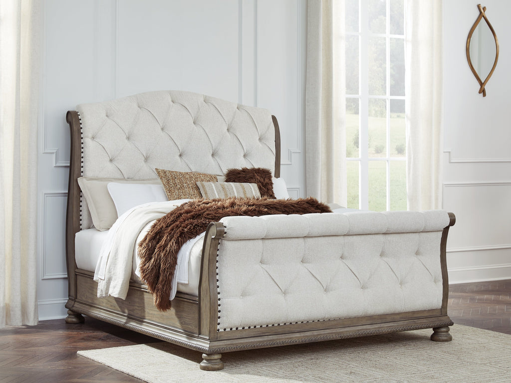 Ardenfield Light Queen Upholstered Sleigh Bed, Dresser and Mirror, Brown