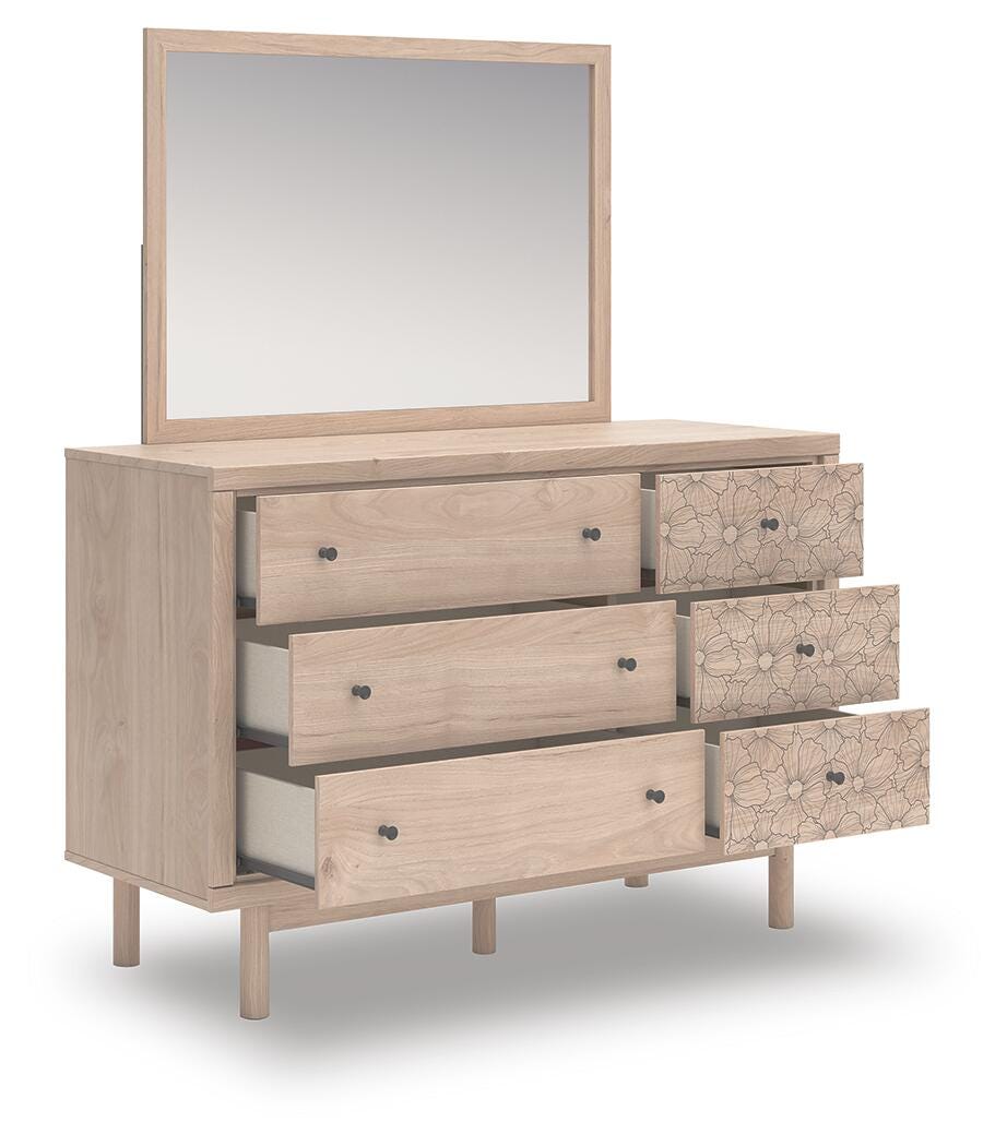 Arloster /Tan/White Full Panel Storage Bed, Dresser, Mirror and Nightstand, Brown