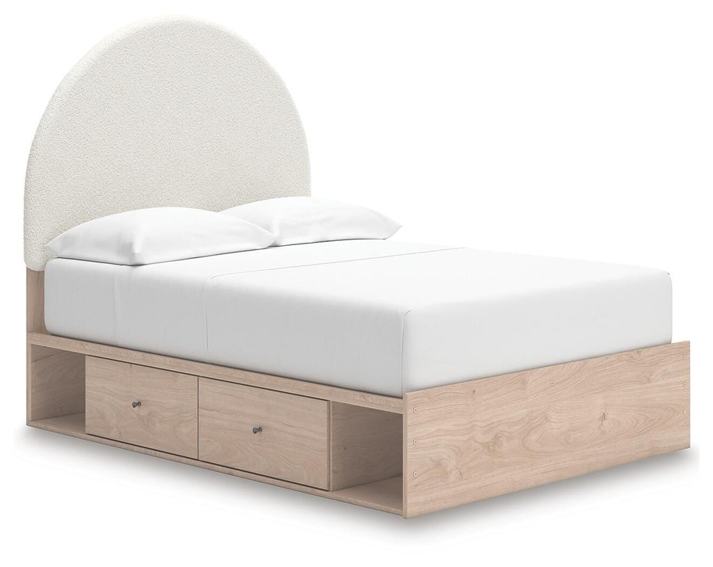 Arloster /Tan/White Full Panel Storage Bed, Dresser, Mirror and Nightstand, Brown