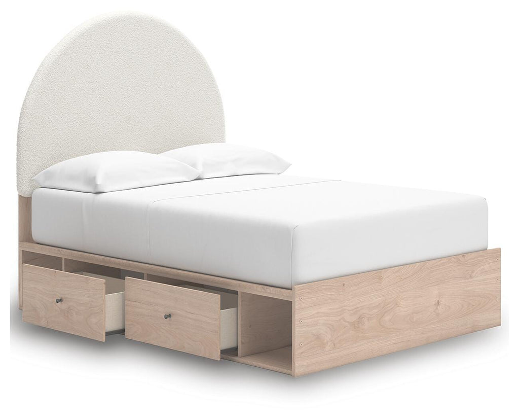 Arloster /Tan/White Full Panel Storage Bed, Dresser, Mirror and Nightstand, Brown