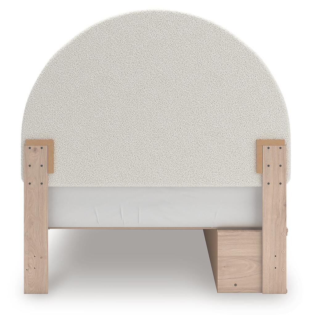 Arloster /Tan/White Full Panel Storage Bed, Dresser, Mirror and Nightstand, Brown
