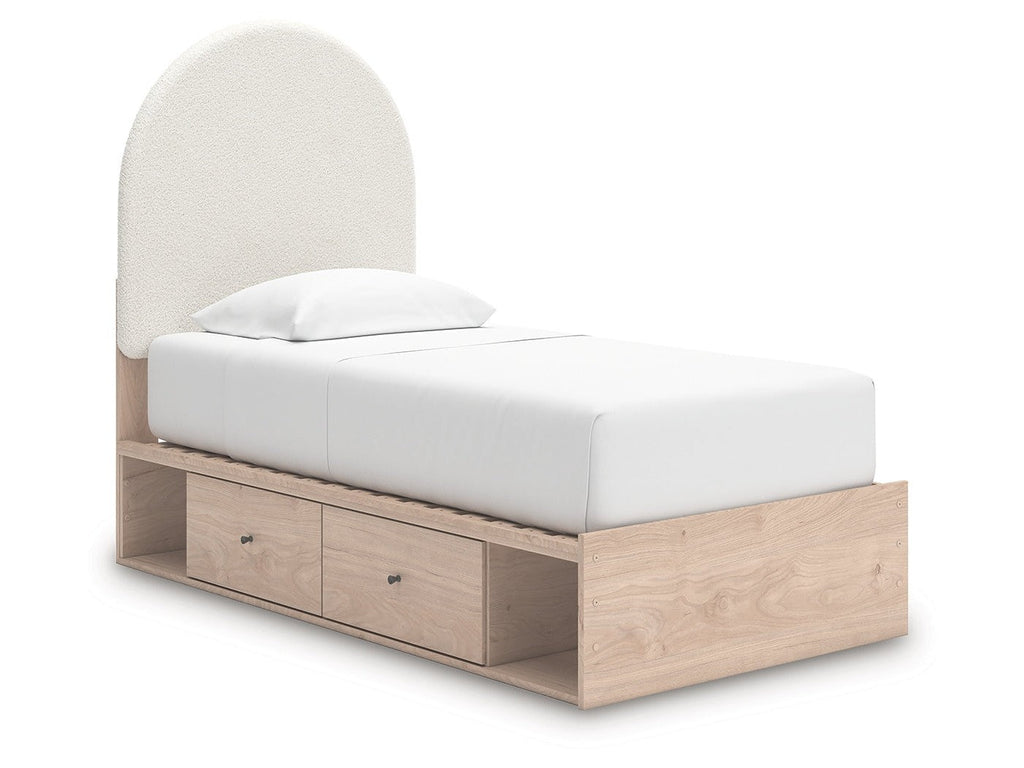 Arloster Tan/White Twin Upholstered Panel Bed with 2 Drawers Storage