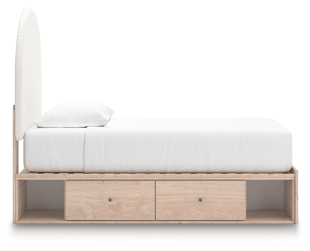 Arloster Tan/White Twin Upholstered Panel Bed with 4 Drawers Storage