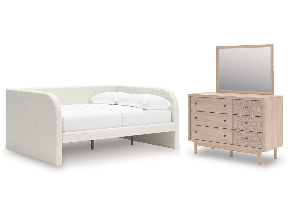 Arloster White/Tan Full Upholstered Day Bed, Dresser and Mirror