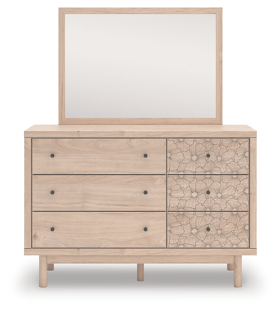 Arloster White/Tan Full Upholstered Day Bed, Dresser and Mirror