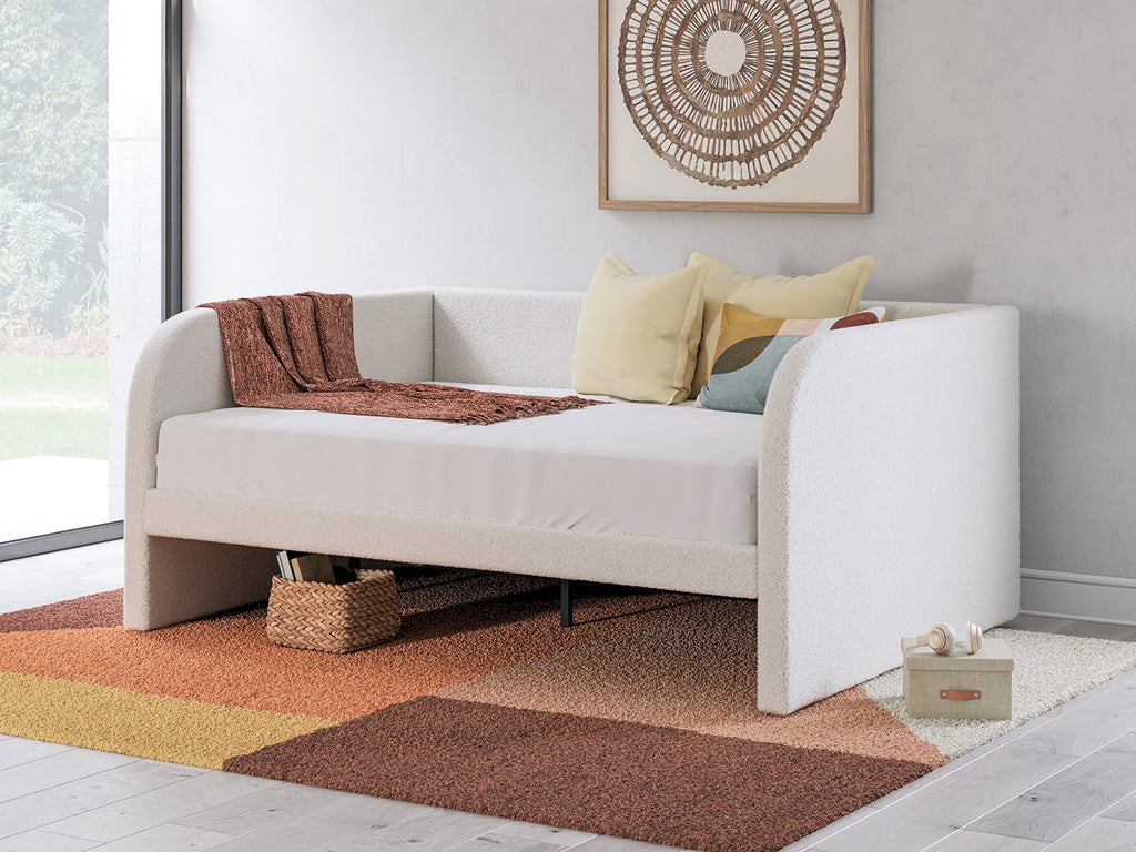 Arloster White/Tan Full Upholstered Day Bed, Dresser and Mirror