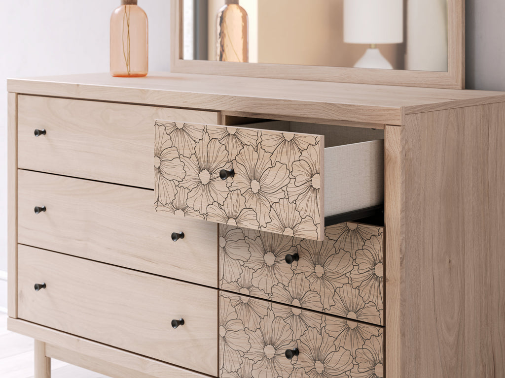 Arloster White/Tan Full Upholstered Day Bed, Dresser and Mirror