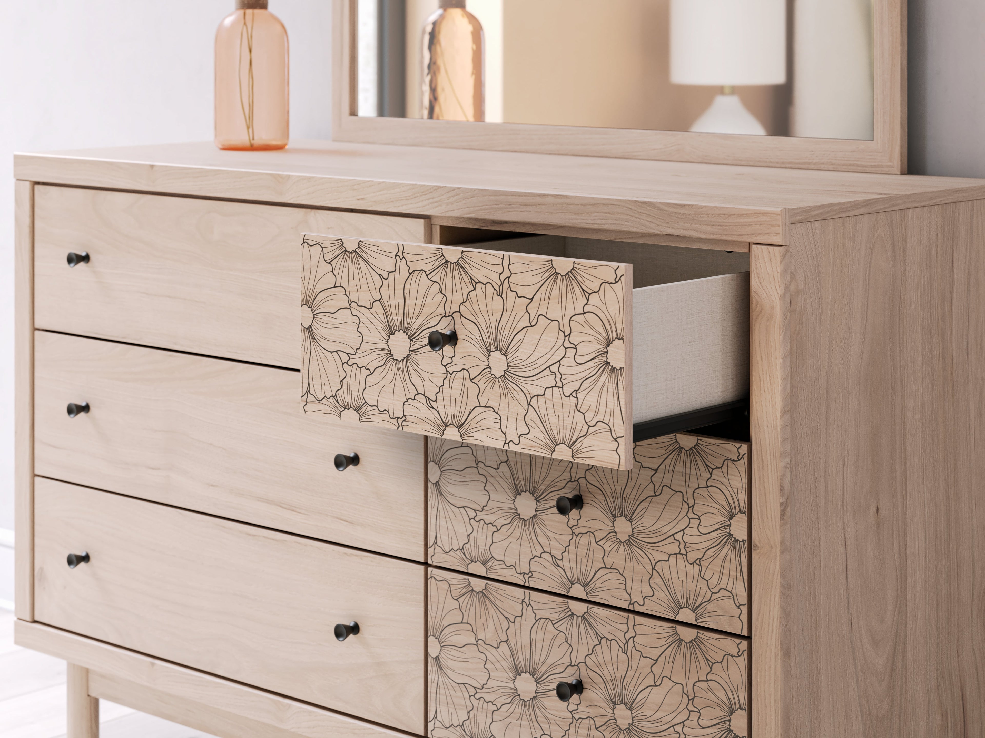 Arloster White/Tan Full Upholstered Day Bed, Dresser and Mirror