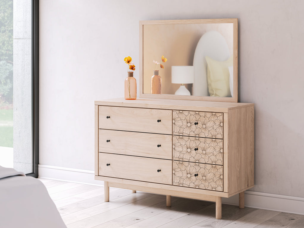 Arloster White/Tan Full Upholstered Day Bed, Dresser and Mirror