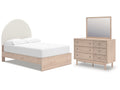 Arloster White/Tan Full Upholstered Panel Bed, Dresser and Mirror