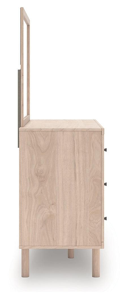 Arloster White/Tan Full Upholstered Panel Bed, Dresser and Mirror
