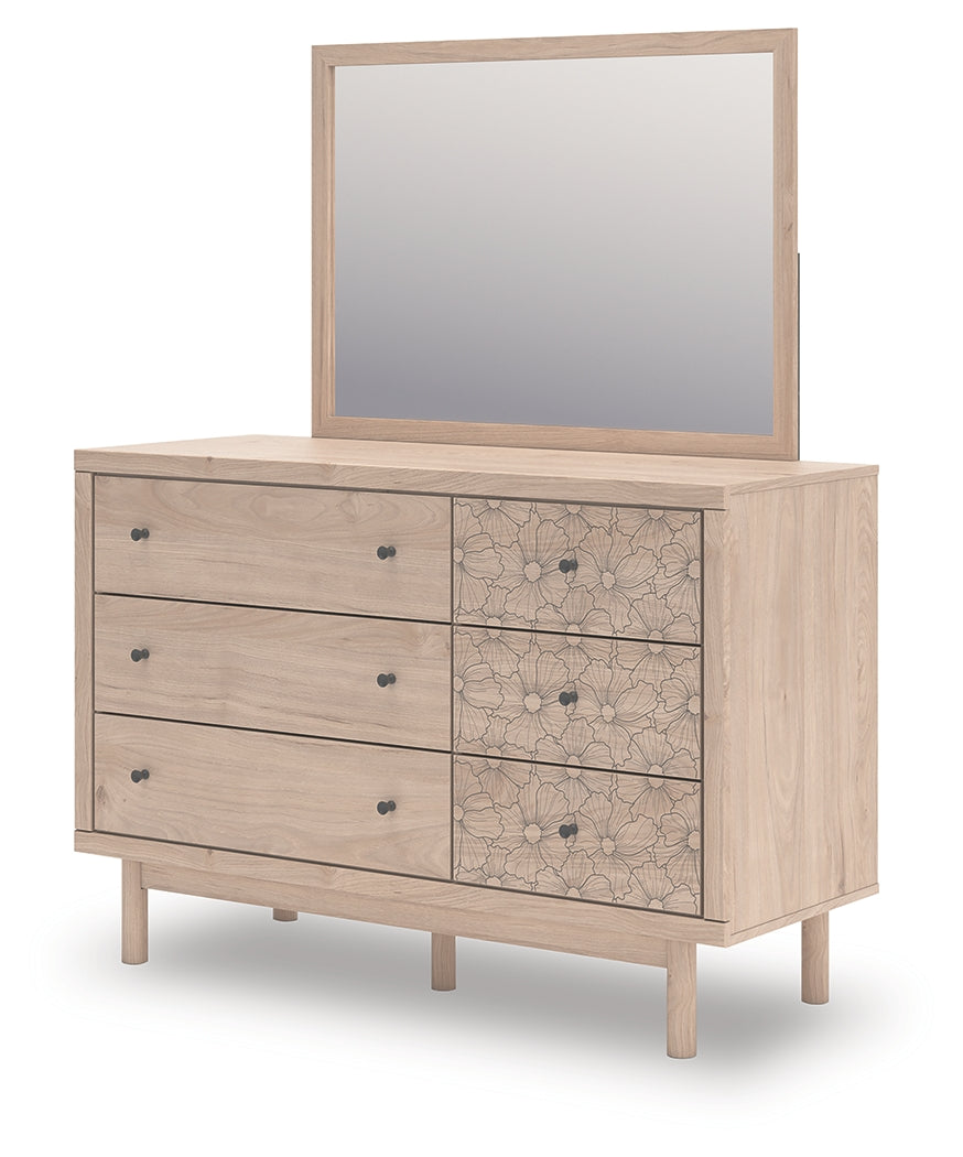 Arloster White/Tan Full Upholstered Panel Bed, Dresser and Mirror