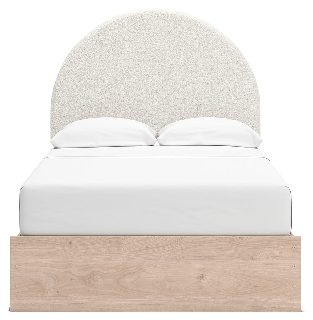 Arloster White/Tan Full Upholstered Panel Bed, Dresser and Mirror