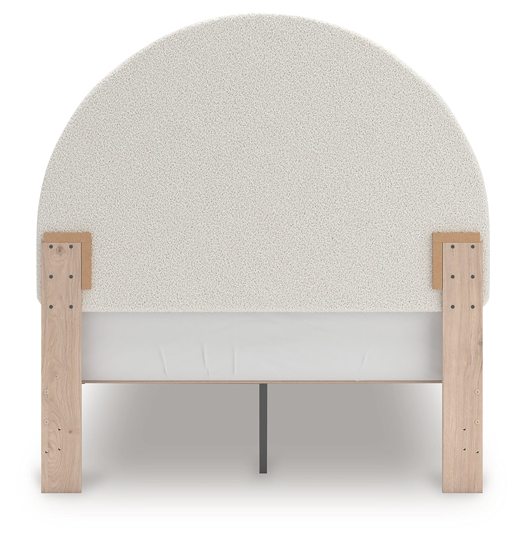 Arloster White/Tan Full Upholstered Panel Bed, Dresser and Mirror