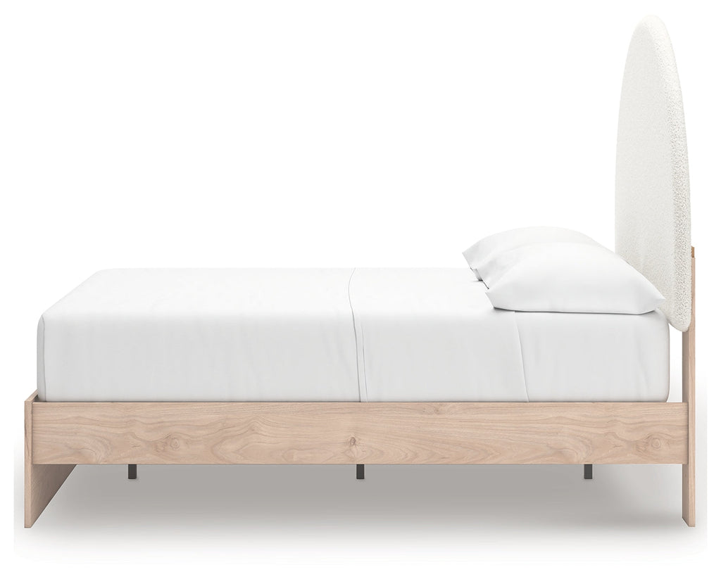 Arloster White/Tan Full Upholstered Panel Bed, Dresser and Mirror