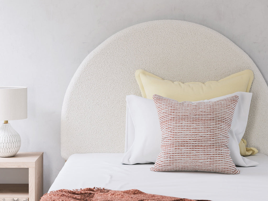 Arloster White/Tan Full Upholstered Panel Bed, Dresser and Mirror