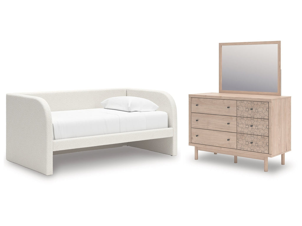 Arloster White/Tan Twin Upholstered Day Bed, Dresser and Mirror