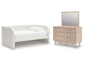 Arloster White/Tan Twin Upholstered Day Bed, Dresser and Mirror