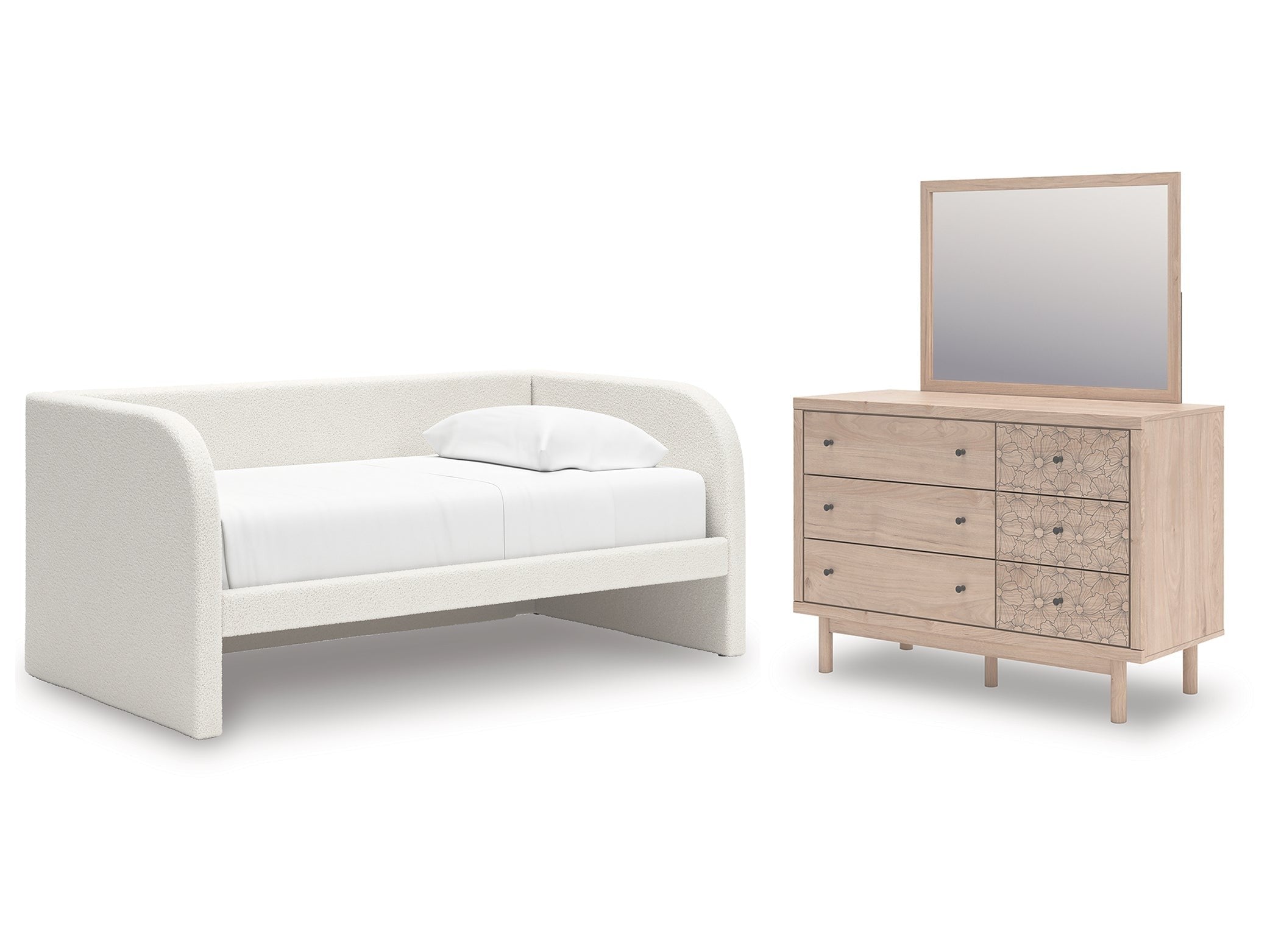 Arloster White/Tan Twin Upholstered Day Bed, Dresser and Mirror