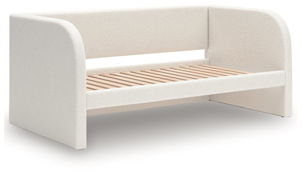 Arloster White/Tan Twin Upholstered Day Bed, Dresser and Mirror
