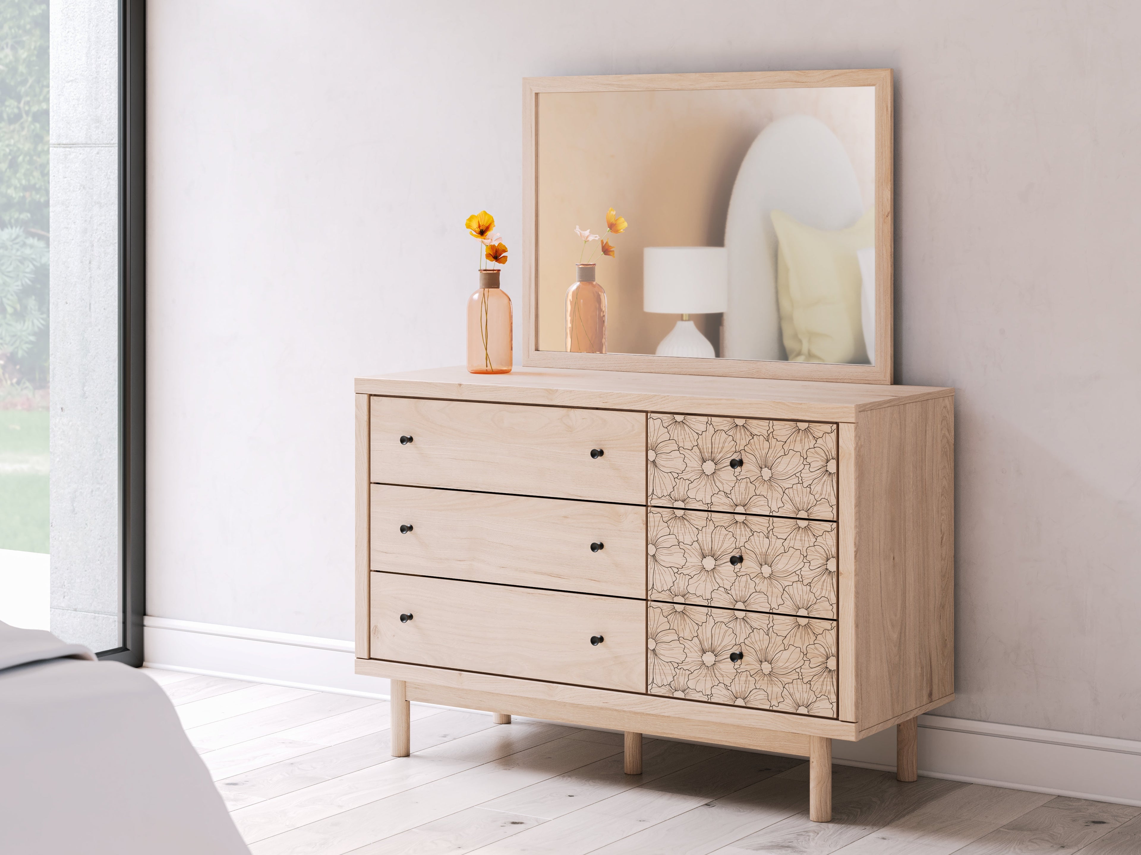 Arloster White/Tan Twin Upholstered Day Bed, Dresser and Mirror
