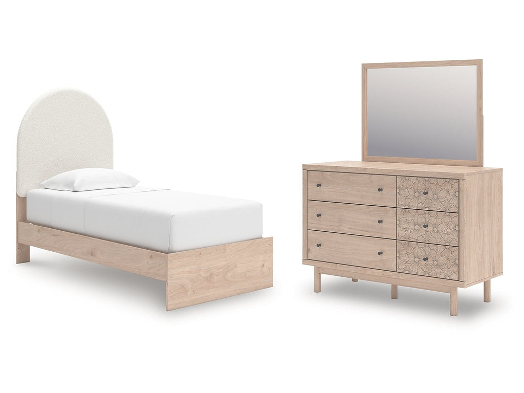 Arloster White/Tan Twin Upholstered Panel Bed, Dresser and Mirror
