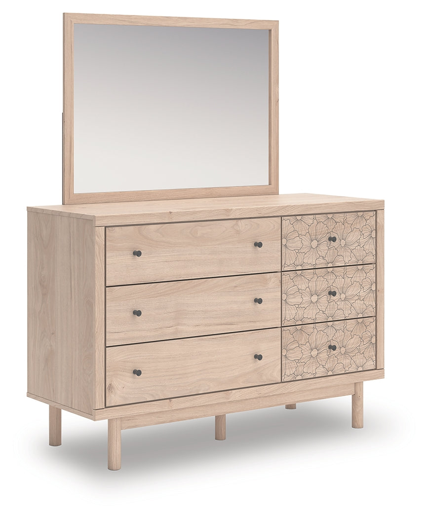 Arloster White/Tan Twin Upholstered Panel Bed, Dresser and Mirror