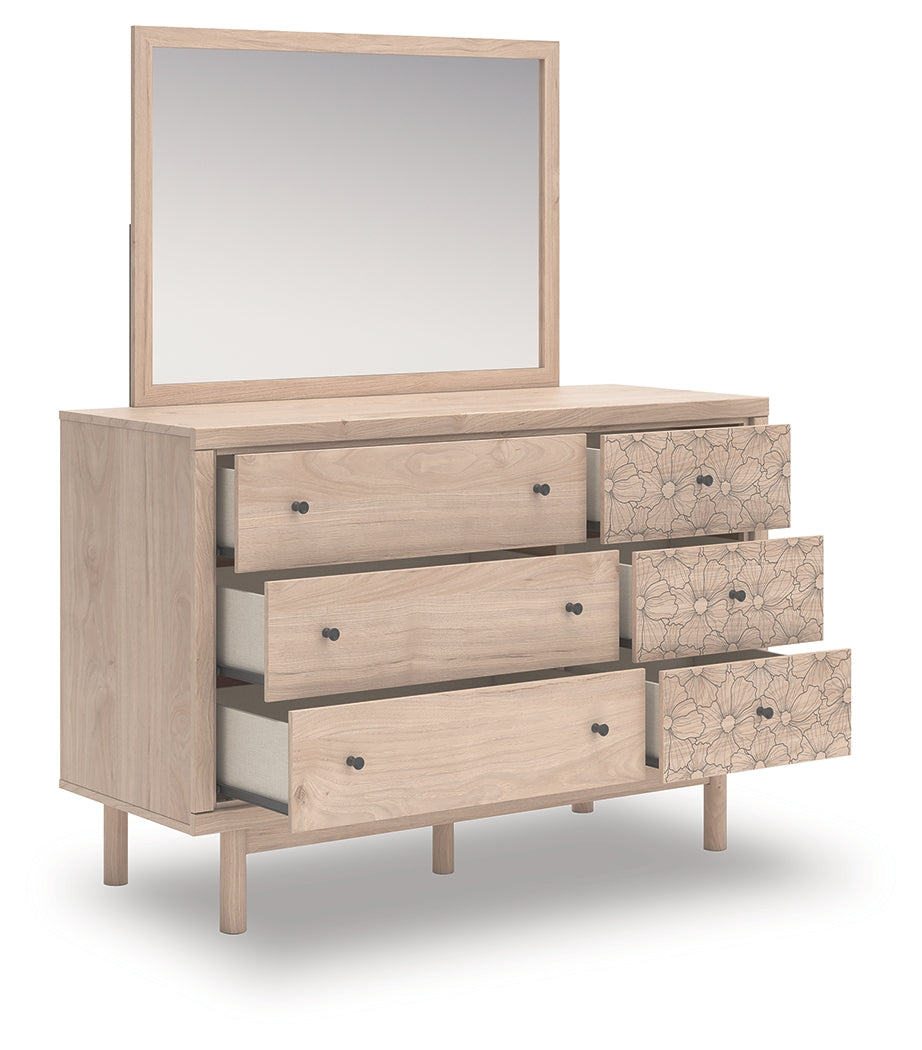 Arloster White/Tan Twin Upholstered Panel Bed, Dresser and Mirror