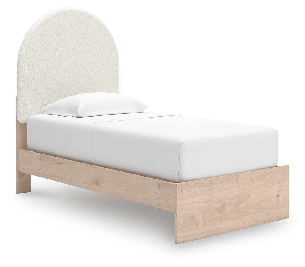 Arloster White/Tan Twin Upholstered Panel Bed, Dresser and Mirror