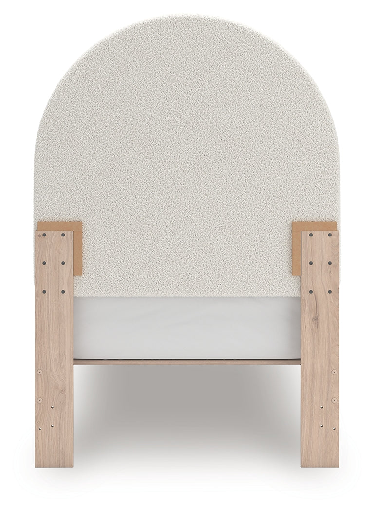 Arloster White/Tan Twin Upholstered Panel Bed, Dresser and Mirror