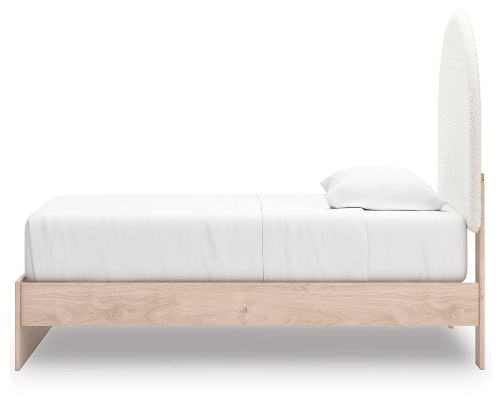 Arloster White/Tan Twin Upholstered Panel Bed, Dresser and Mirror