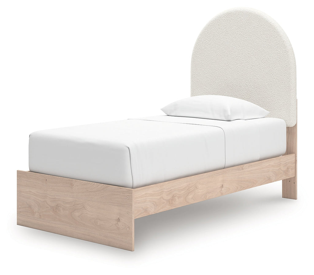 Arloster White/Tan Twin Upholstered Panel Bed, Dresser and Mirror